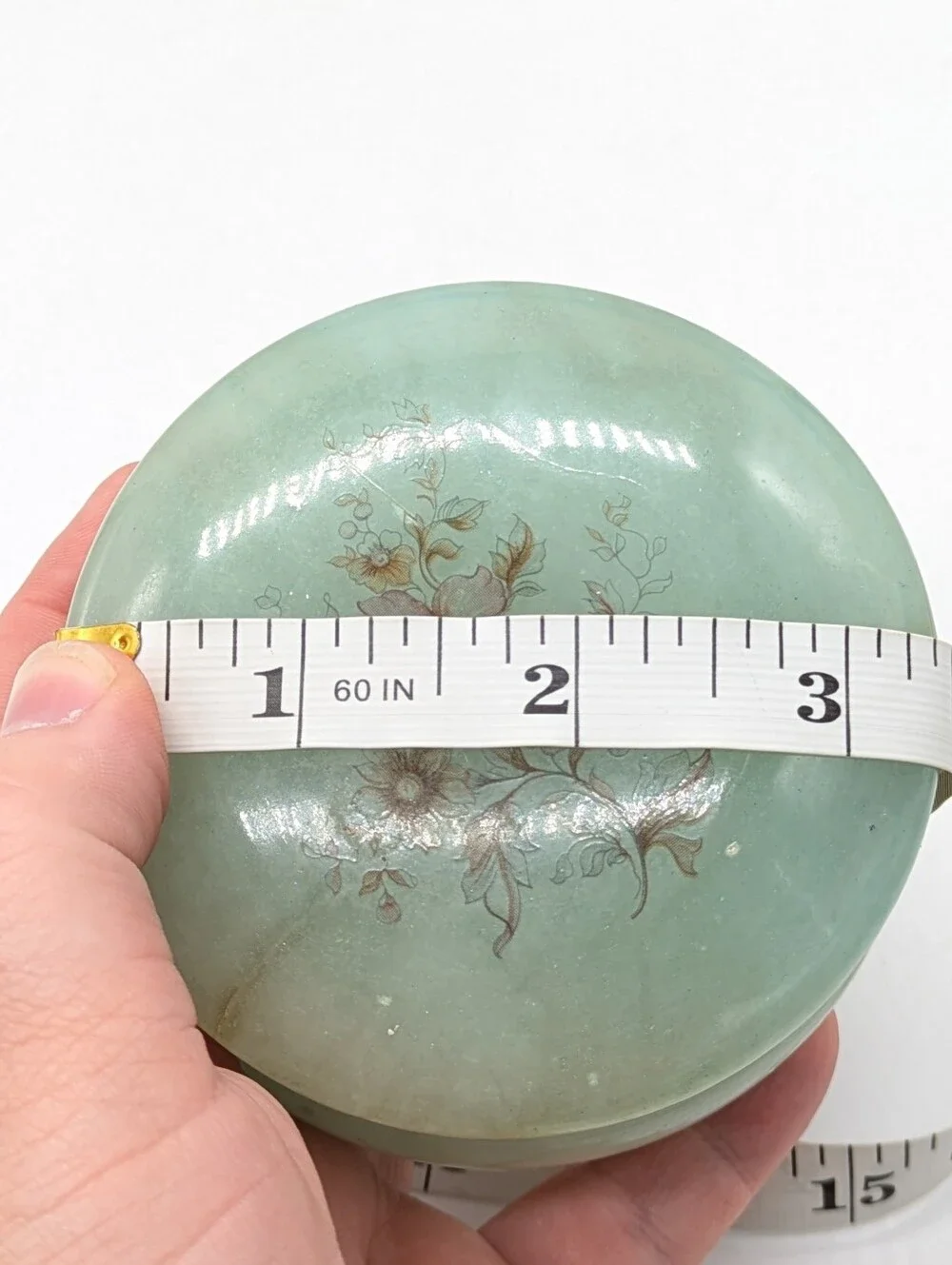 Vintage Green Floral Hand Carved Alabaster Hinged Trinket Dish